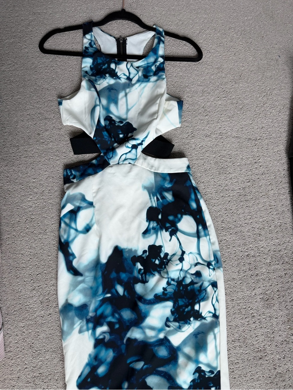 L'ATISTE Cutout Bodycon Dress in Blue Ink Print